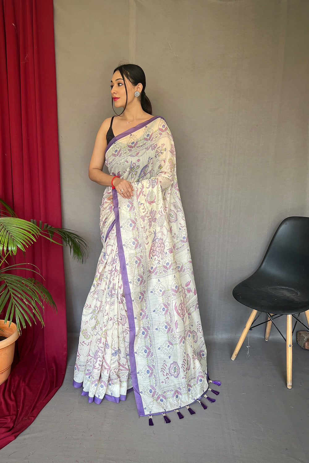 White &amp; Purple Malai Cotton With Katha Printed Saree