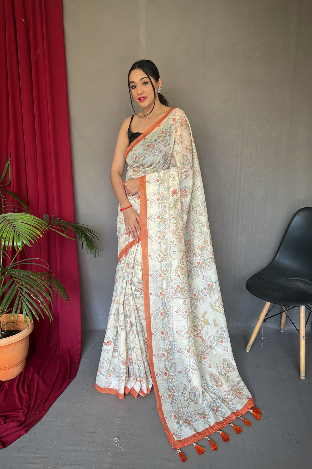 White &amp; Orange Malai Cotton With Katha Printed Saree