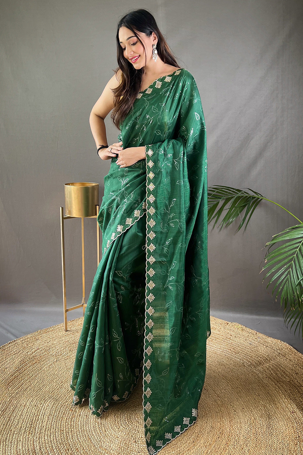 Green Silk With Cutwork Fancy Border Saree