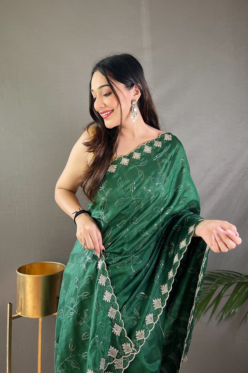 Green Silk With Cutwork Fancy Border Saree
