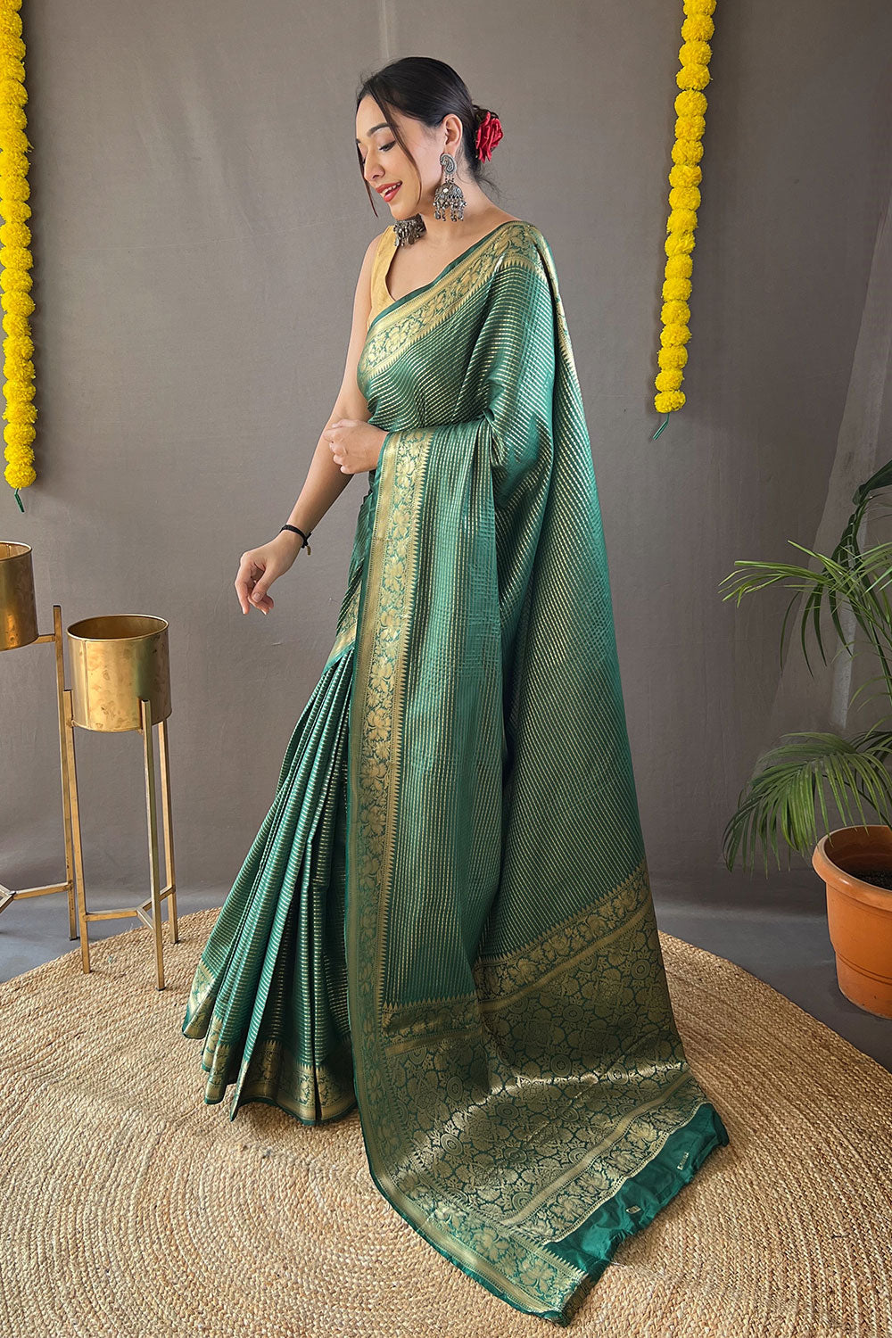 Green Soft Silk Saree With Copper Zari Weaving Work