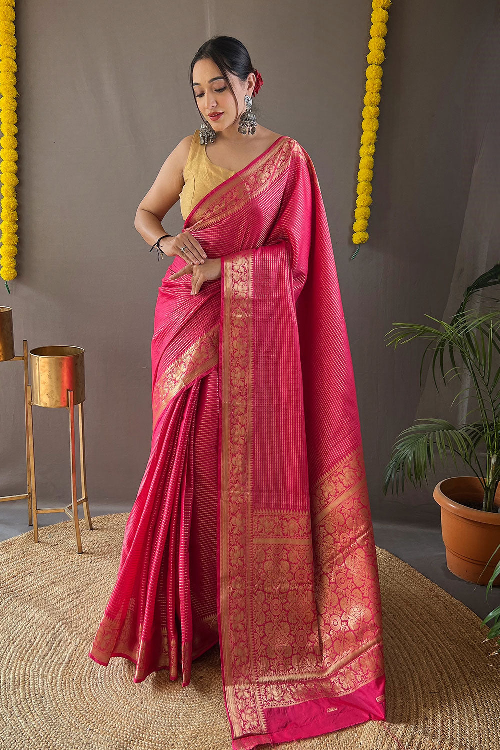 Pink Soft Silk Saree With Copper Zari Weaving Work