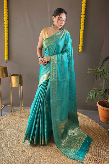 Cyan Blue Soft Silk Saree With Copper Zari Weaving Work