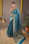 Star Command Blue Soft Silk Saree With Copper Zari Weaving Work