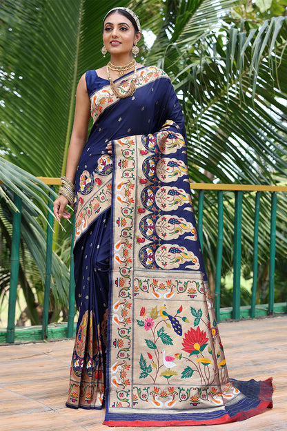 Dark Neavy Blue Paithani Silk Saree With Weaving Work