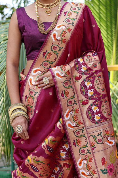 Maroon Paithani Silk Saree With Weaving Work