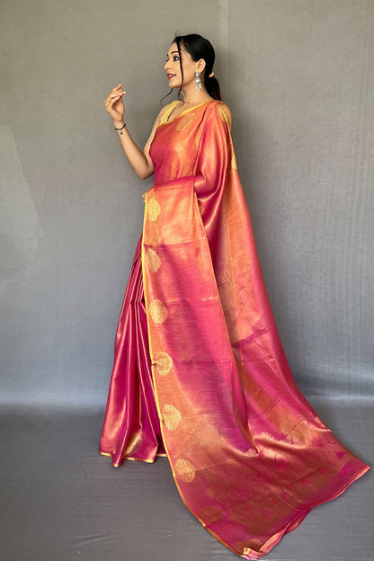 Pink Tissue Silk Saree With Zari Weaving Work