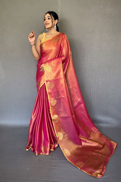 Pink Tissue Silk Saree With Zari Weaving Work