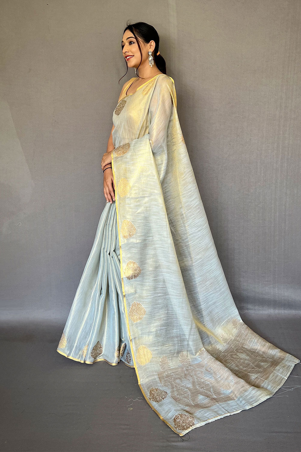 Dolphin Gray Tissue Silk Saree With Zari Weaving Work