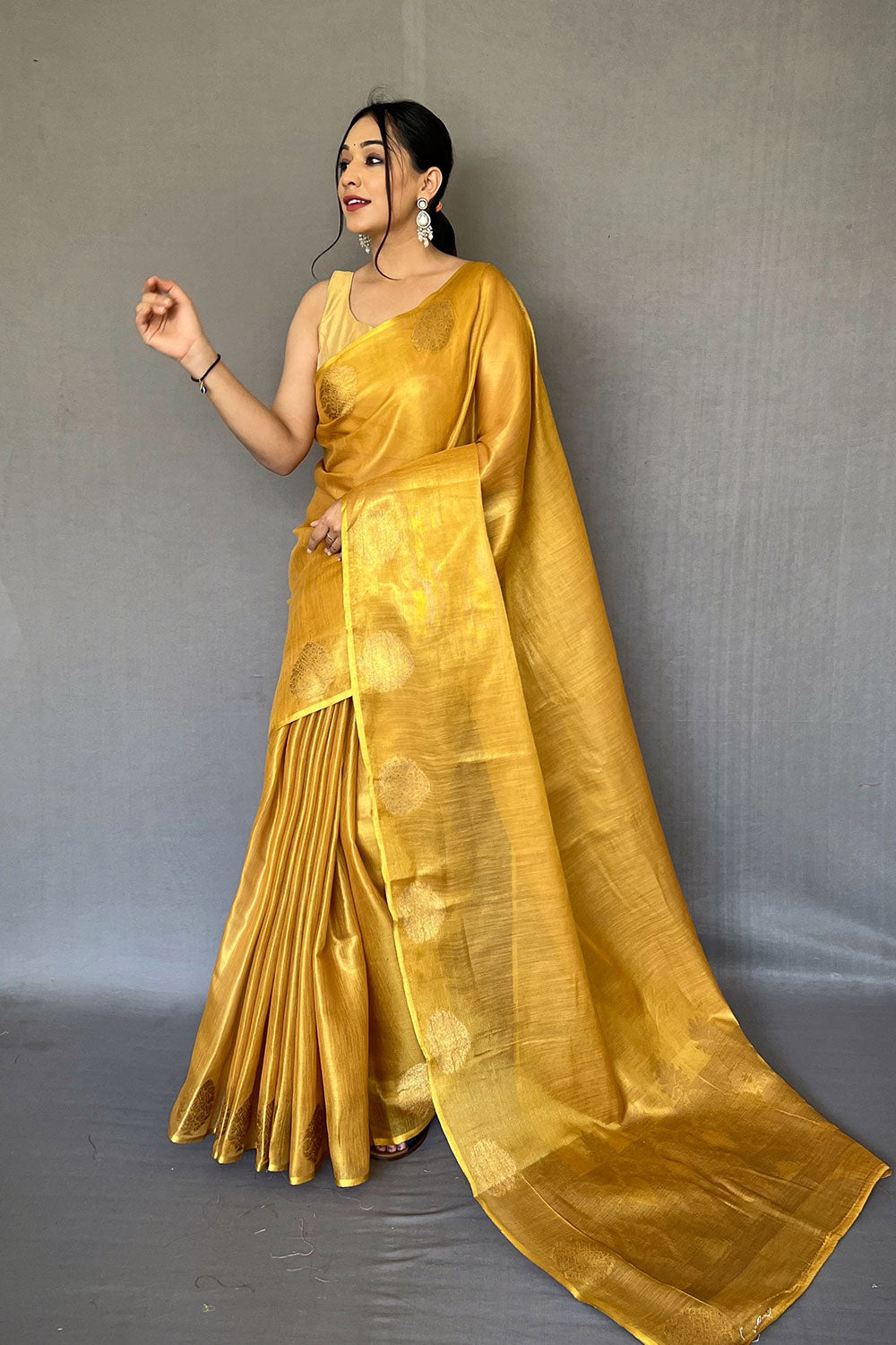 Mustard Yellow Tissue Silk Saree With Zari Weaving Work