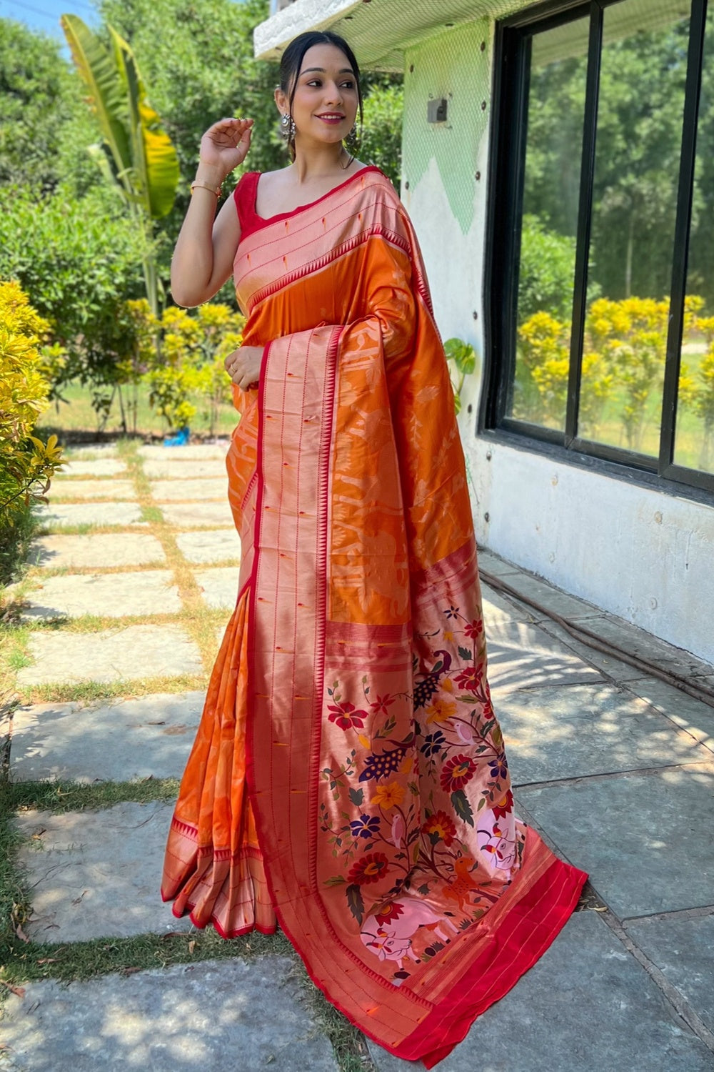 Orange Paithani Silk Saree With Zari Weaving Work