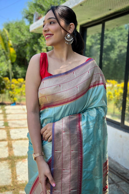 Sky Blue Paithani Silk Saree With Zari Weaving Work