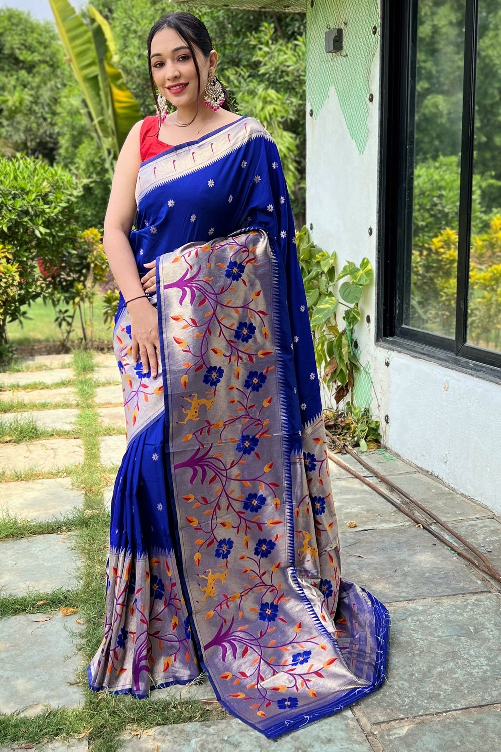 Blue Paithani Silk Saree With Zari Weaving Work