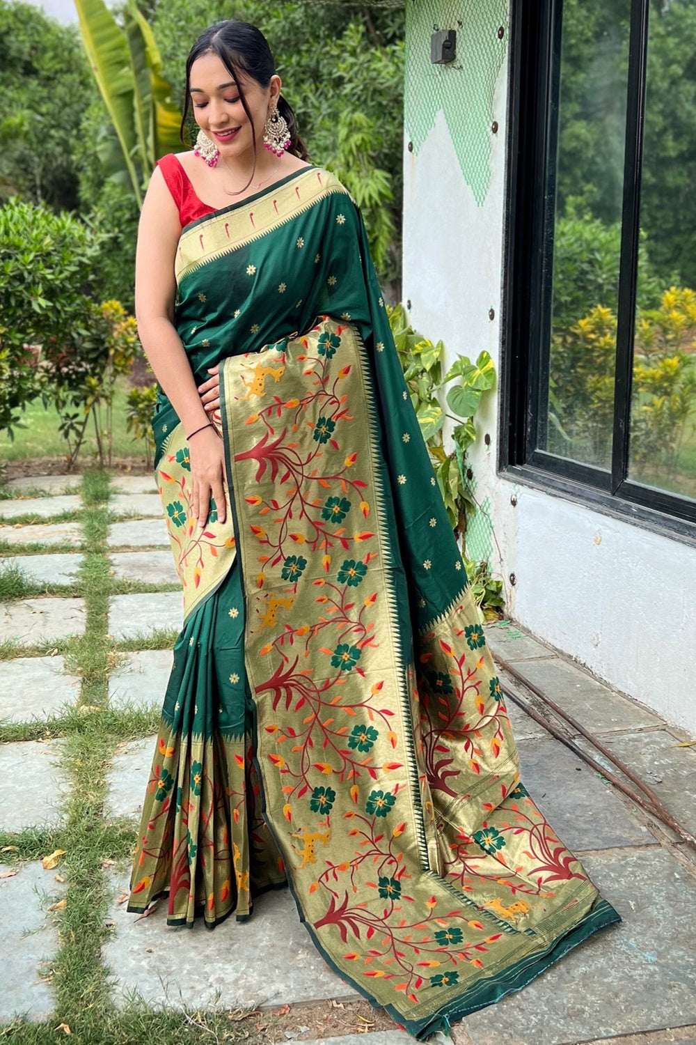 Dark Green Paithani Silk Saree With Zari Weaving Work