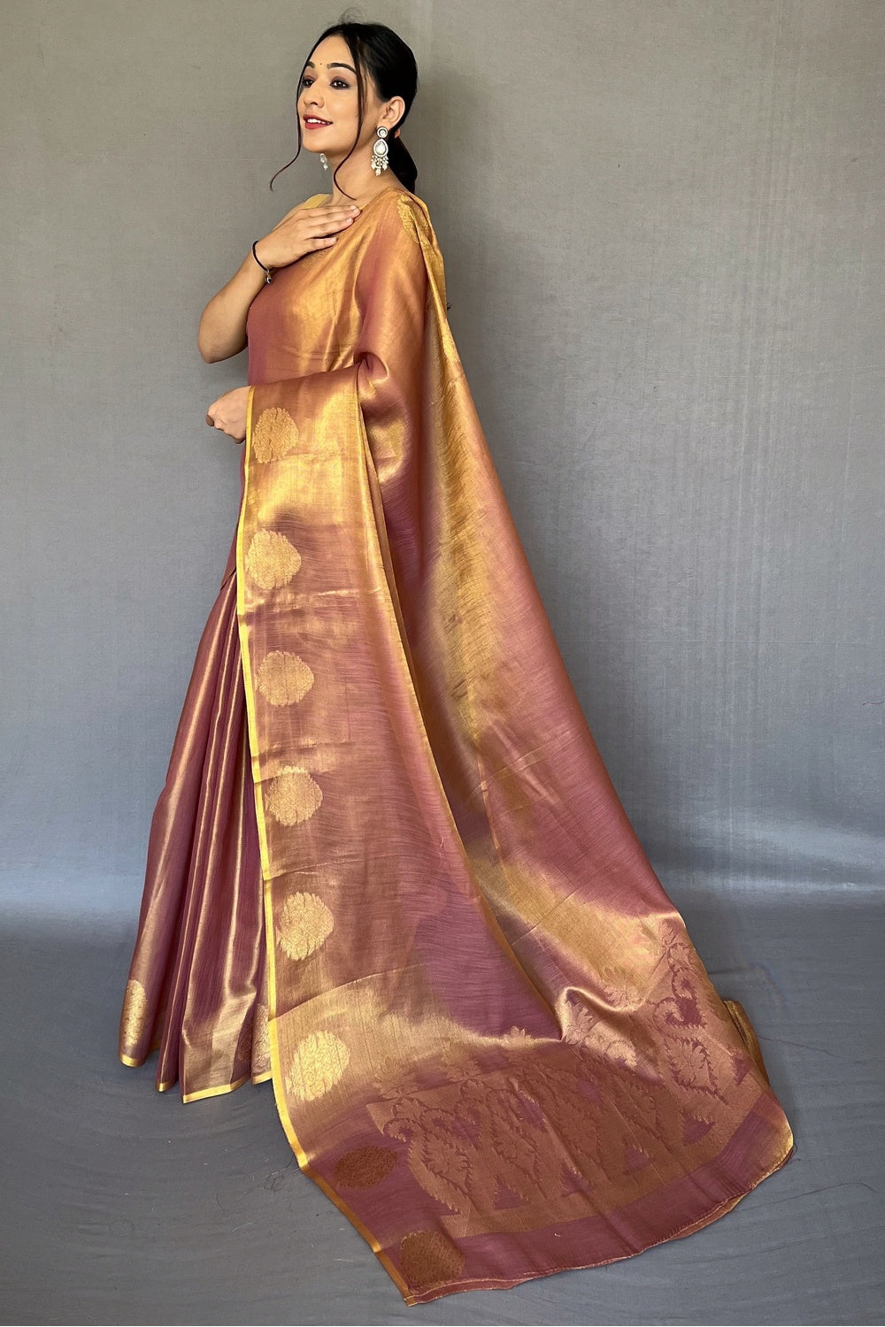 Brown Tissue Silk Saree With Zari Weaving Work