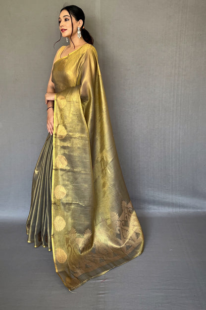 Mehndi Tissue Silk Saree With Zari Weaving Work