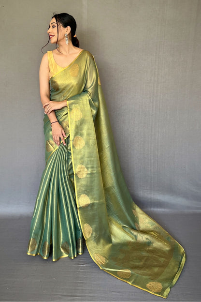 Olive Green Tissue Silk Saree With Zari Weaving Work