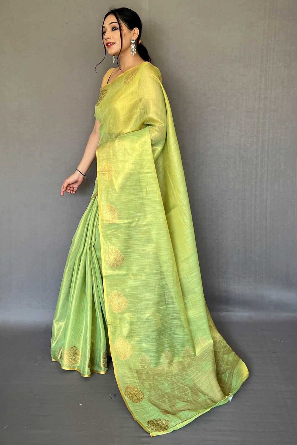 Parrot Green Tissue Silk Saree With Zari Weaving Work