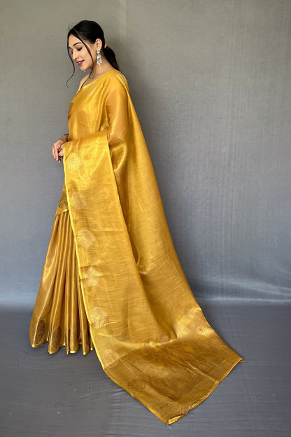 Yellow Tissue Silk Saree With Zari Weaving Work