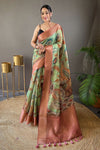 Light Pista Green Tussar Silk Saree With Printed & Weaving Work