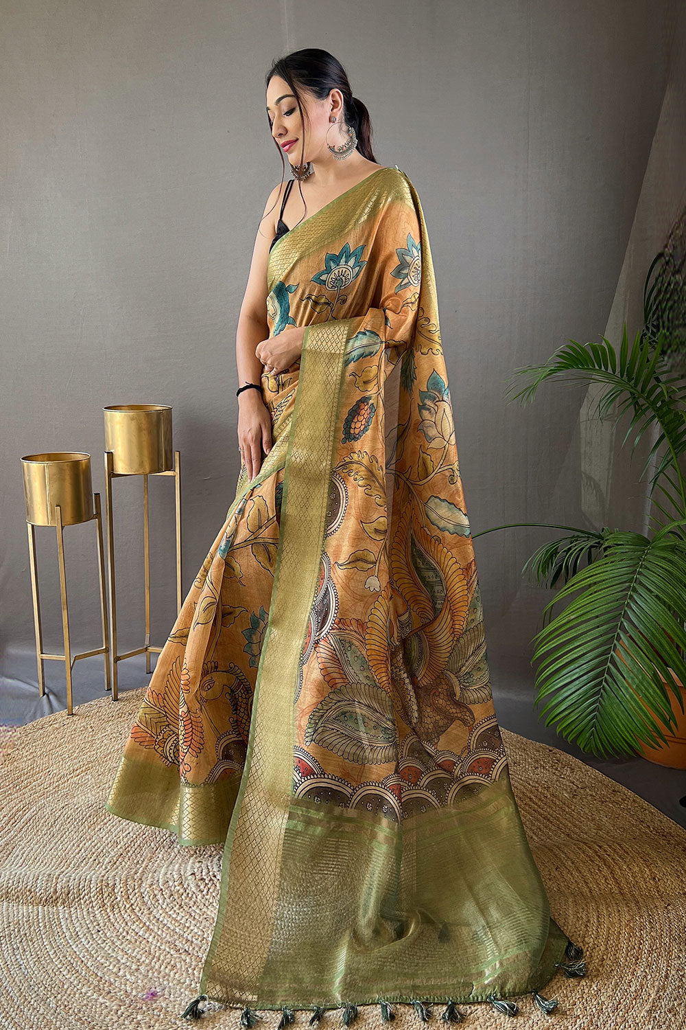 Mustard Tussar Silk Saree With Printed &amp; Weaving Work