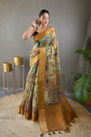 Olive Green Tussar Silk Saree With Printed & Weaving Work