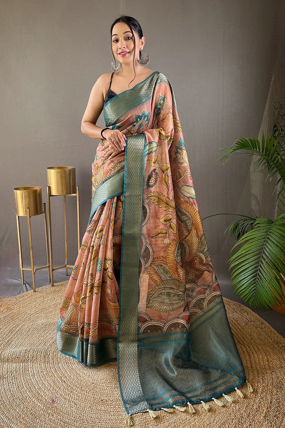 Light Brown Tussar Silk Saree With Printed &amp; Weaving Work