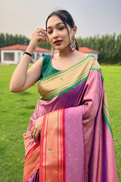 Baby Pink Paithani Silk Saree With Weaving Work