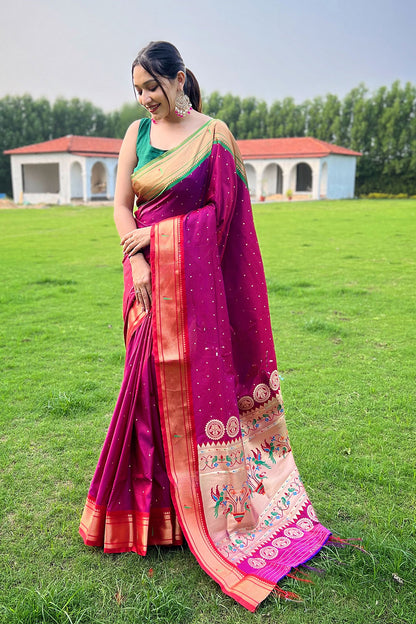 Rani Pink Paithani Silk Saree With Weaving Work