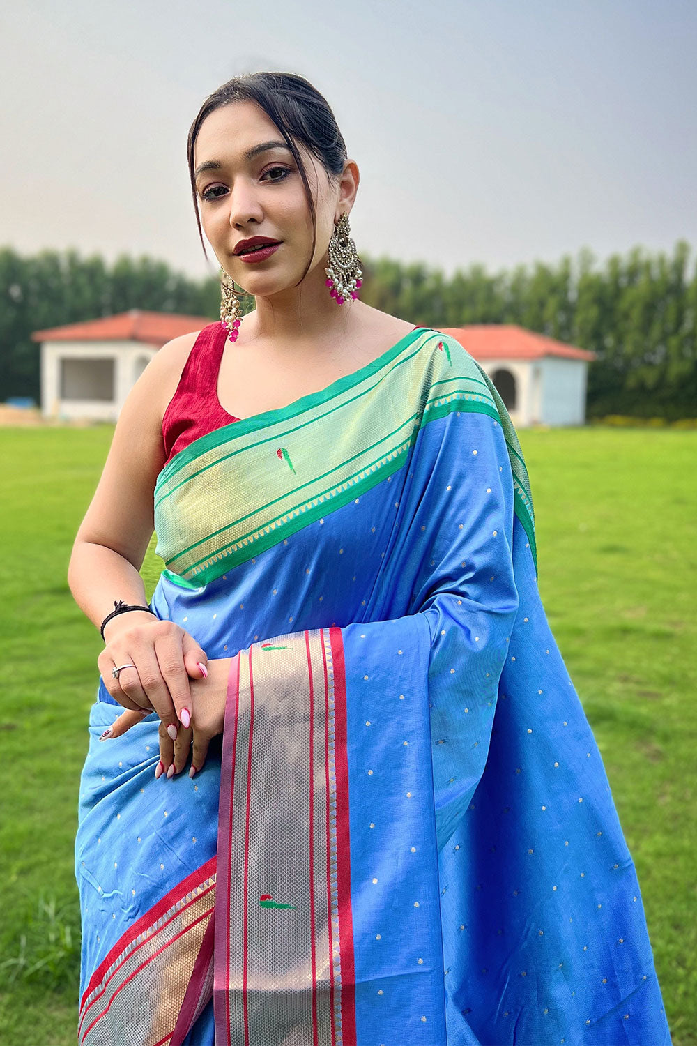 Sky Blue Paithani Silk Saree With Weaving Work