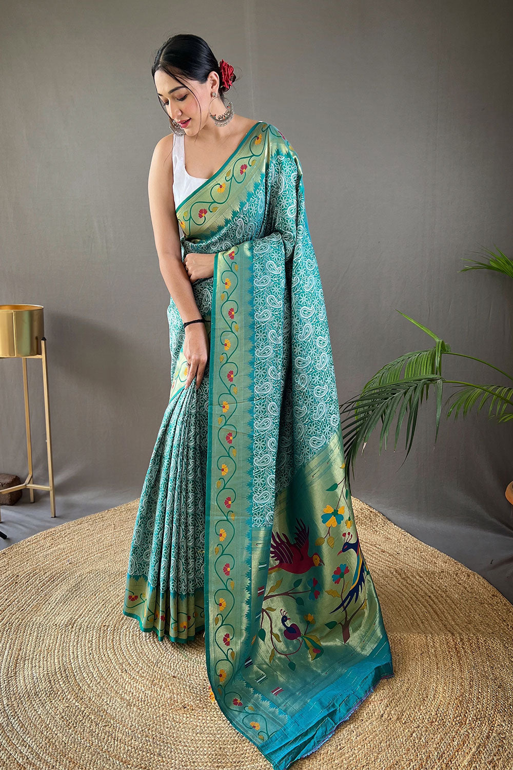 Blue Green Paithani Silk Saree With Weaving Work