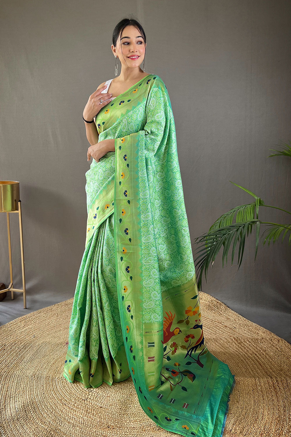 Pista Green Paithani Silk Saree With Weaving Work