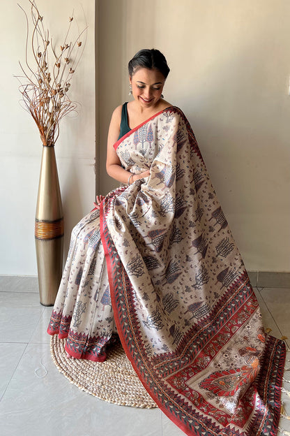 Beige Soft Silk With Kalamkari Painted Saree