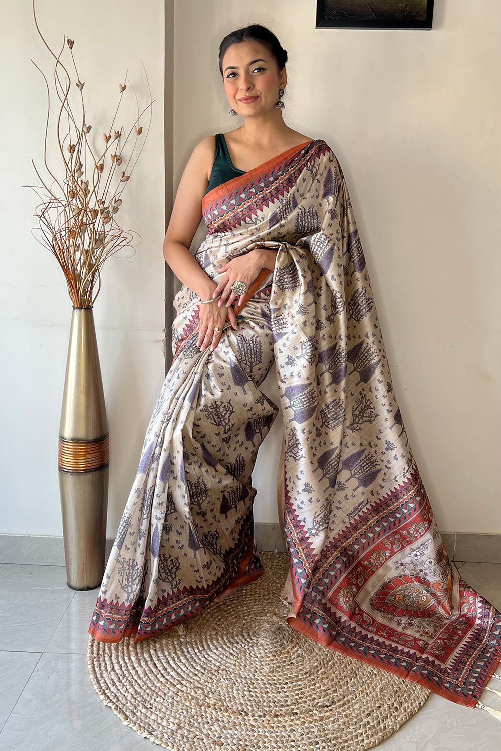 Beige Soft Silk With Kalamkari Painted Saree
