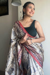Beige & Red Soft Silk With Kalamkari Painted Saree