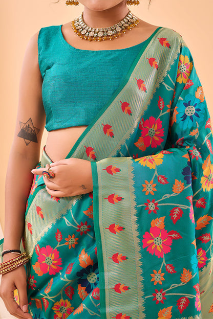 Cyan Green Paithani Silk Saree With Weaving Work