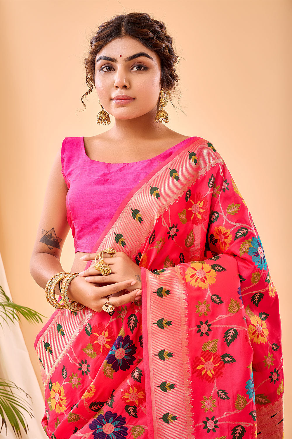 Dark Pink Paithani Silk Saree With Weaving Work
