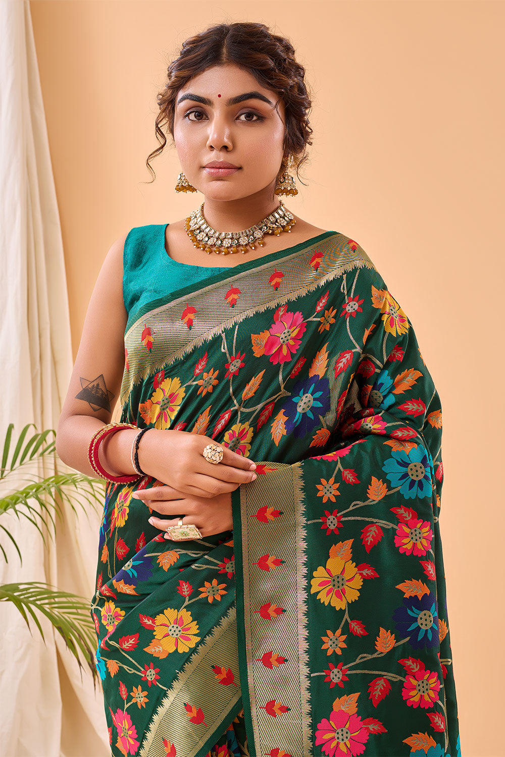 Green Paithani Silk Saree With Weaving Work