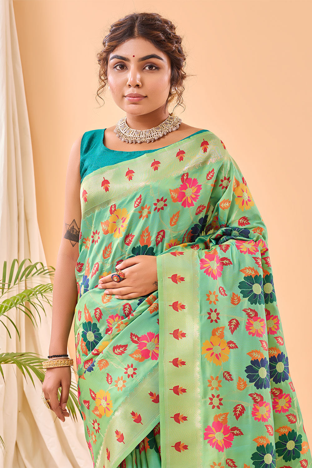 Light Green Paithani Silk Saree With Weaving Work