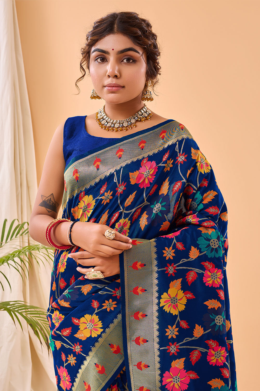 Neavy Blue Paithani Silk Saree With Weaving Work