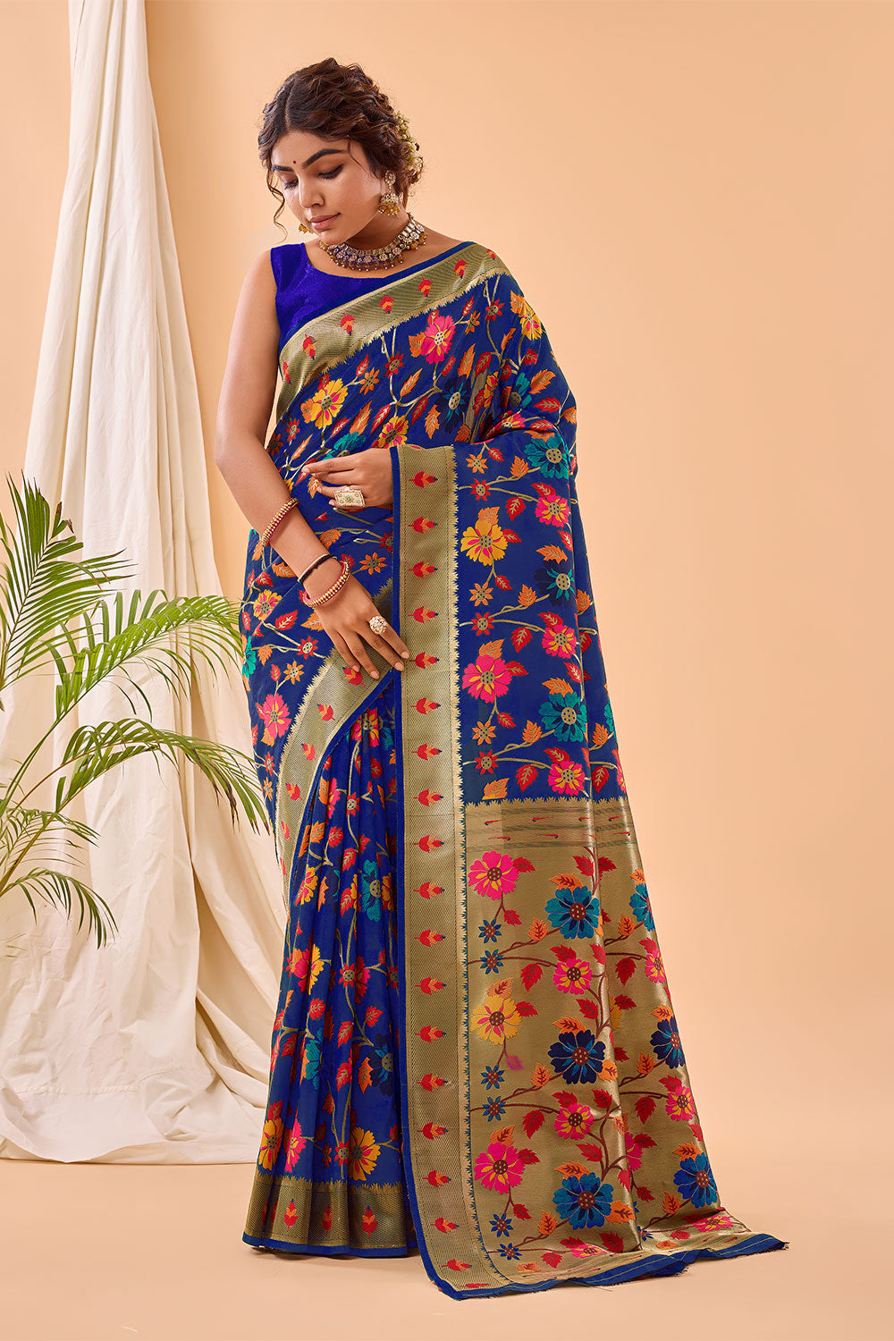 Neavy Blue Paithani Silk Saree With Weaving Work