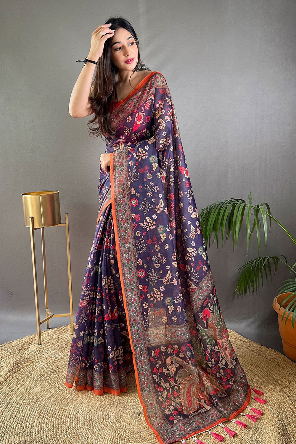 Purple cotton saree with printed work