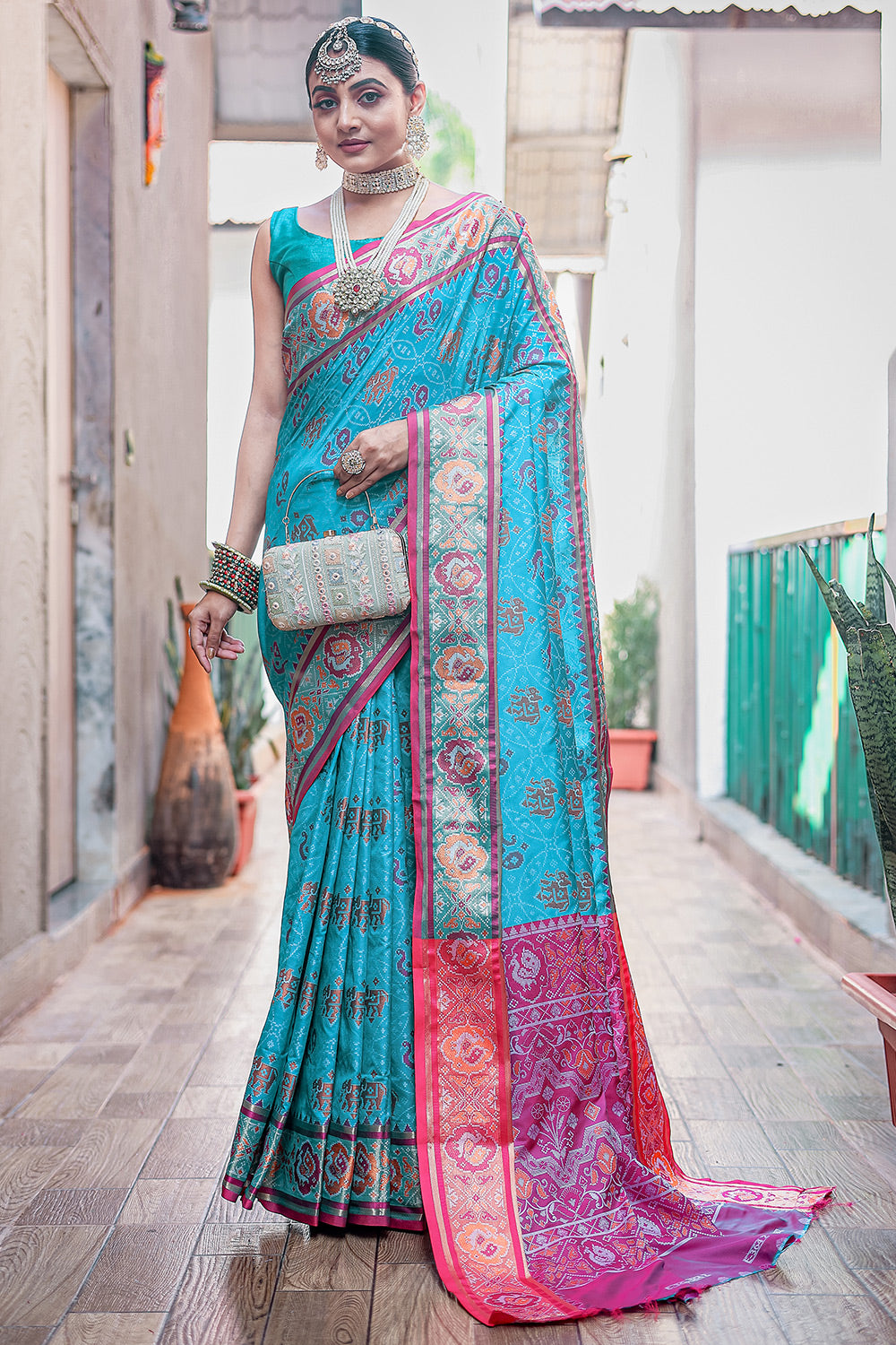 Cerulean Blue Patola Silk Saree With Weaving Work