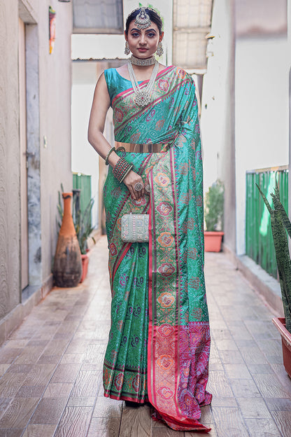 Pine Green Patola Silk Saree With Weaving Work
