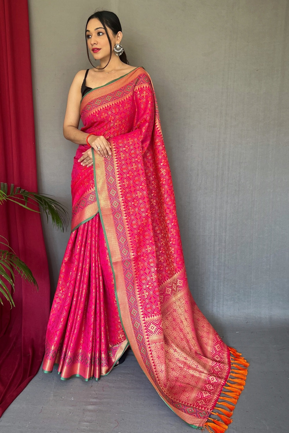 Pink Patola Silk Saree With Zari Weaving Work