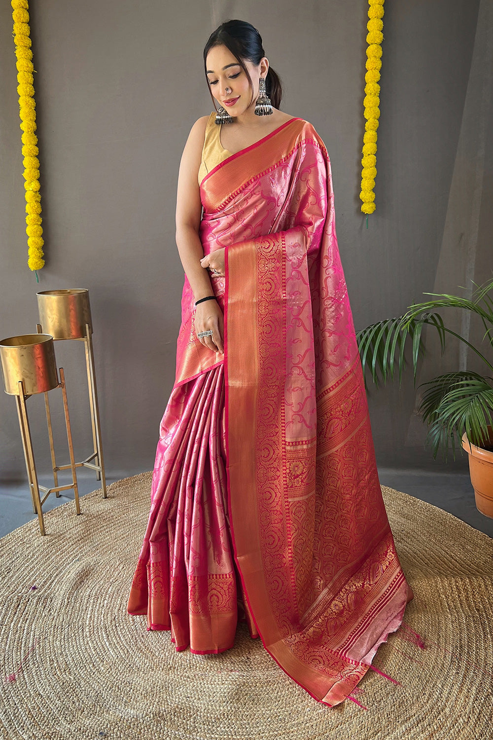 Rani Pink Kanchipuram Silk Saree With Zari Weaving Work