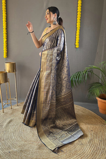 Gray Kanchipuram Silk Saree With Zari Weaving Work