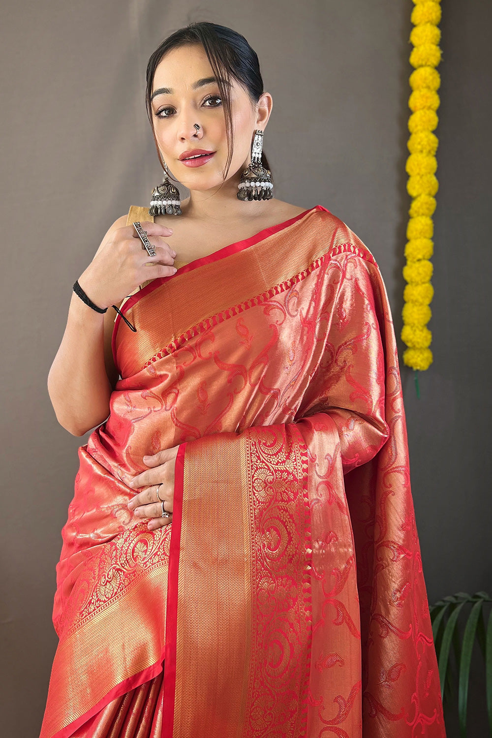 Candy Red Kanchipuram Silk Saree With Zari Weaving Work