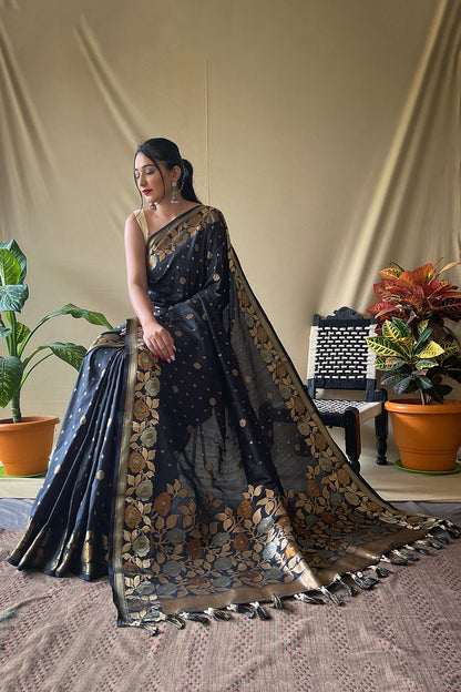 Black Soft Silk Saree With Golden Zari Weaving Work