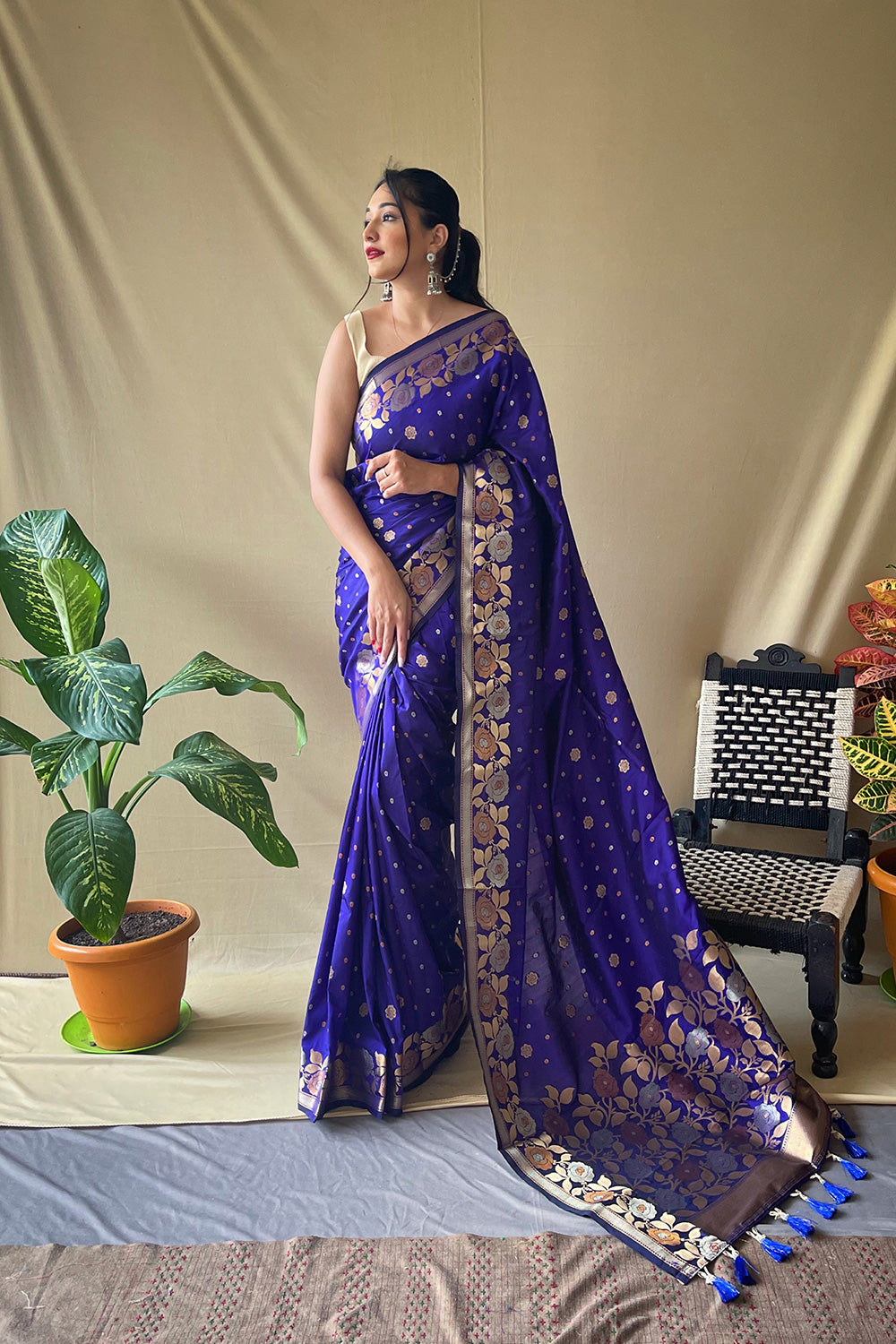 Navy Blue Soft Silk Saree With Golden Zari Weaving Work